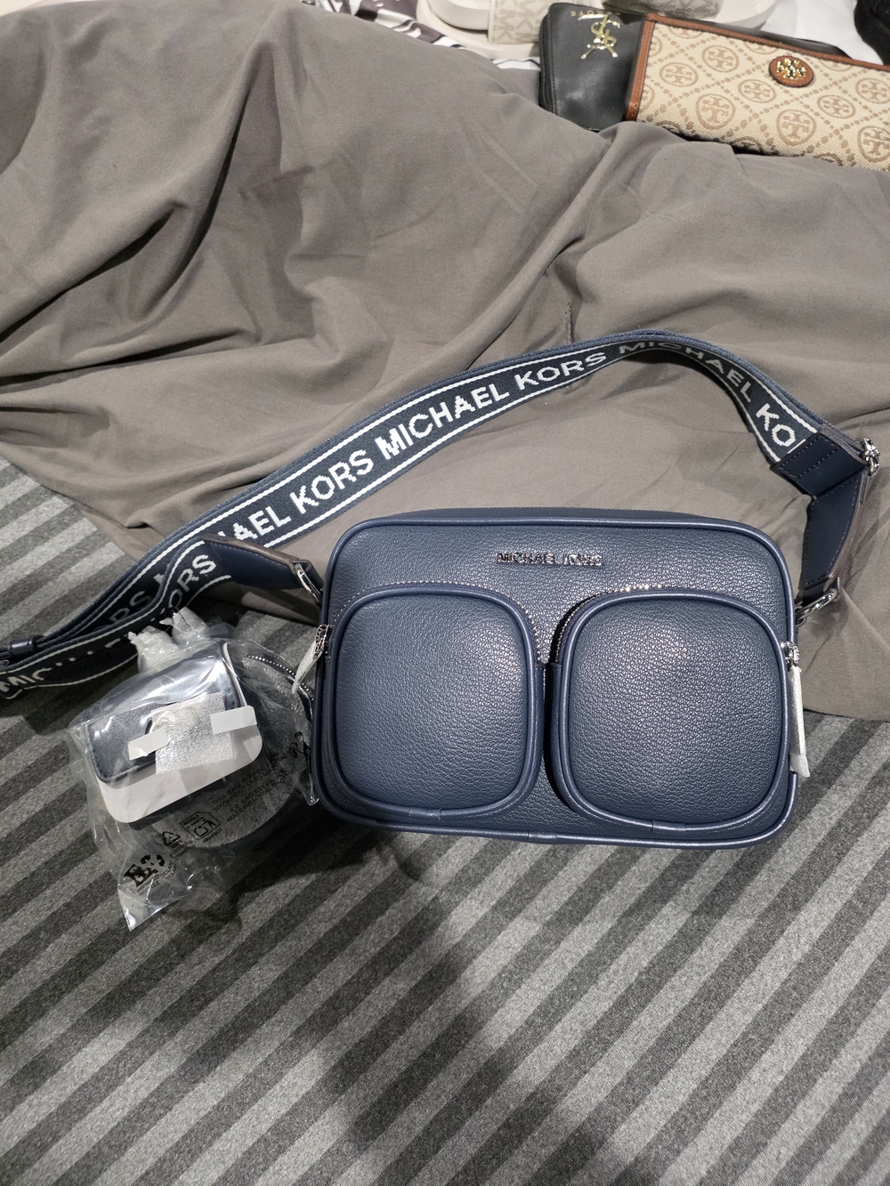 Michael Kors Navy Pebbled Leather Crossbody Camera Bag with Logo Strap